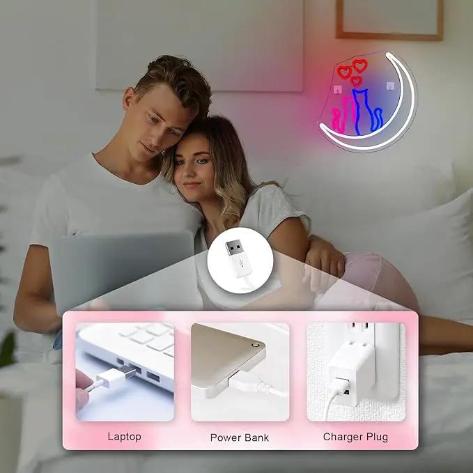 Two Cats on Moon Neon Sign,Cute Couple Kittys Neon Lights for Wall Decor,Kawaii Animal 3D LED Neon,USB Light Up Signs for Girls Bedroom Bar Home Party Valentine's Day Cat Lovers Weddings by GreenHaven Gardens