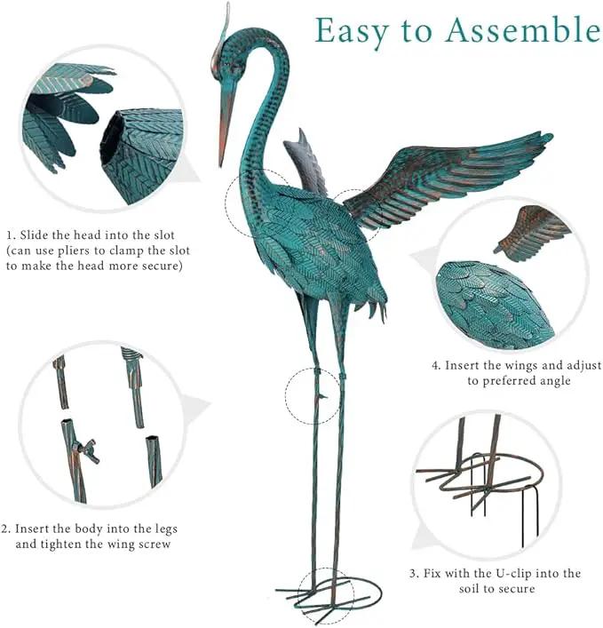 44'' Blue Heron Garden Statue, Large Crane Outdoor Statue, Crane Metal Yard Art for Outside Backyard, Pond, Patio, Lawn Decor by GreenHaven Gardens