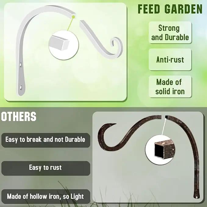 FEED GARDEN Iron Wall Hooks Decorative Metal Curved Plant Hanger Hooks, Indoor/Outdoor Use for Hanging Bird Feeders, Wind Chimes, Flower Baskets, Yoga Mat, (White, 8 Inch 2 Pack) by GreenHaven Gardens
