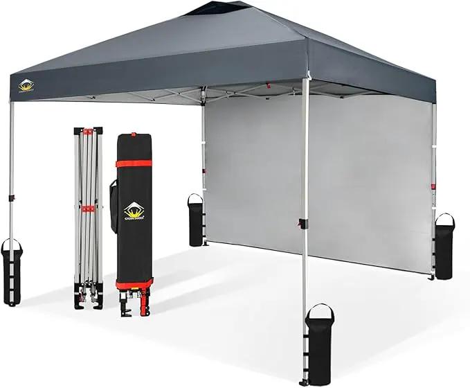 CROWN SHADES 10x10 Pop Up Canopy with 1 Side Wall - Beach Tent with One Push Setup - Outdoor Sun Shade for Events, Parties, Camping - Gazebo with STO-N-Go Cover Bag (Grid Grey) by GreenHaven Gardens
