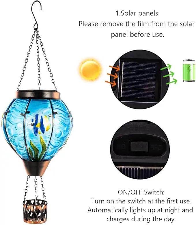 Blue Fish Hot Air Balloon Solar Lantern with Flickering Flame Light,Glass Hanging Solar Lanterns Outdoor Waterproof,Hot Air Balloon Decorative Lights for Patio Yard Porch Garden Gift for Women by GreenHaven Gardens