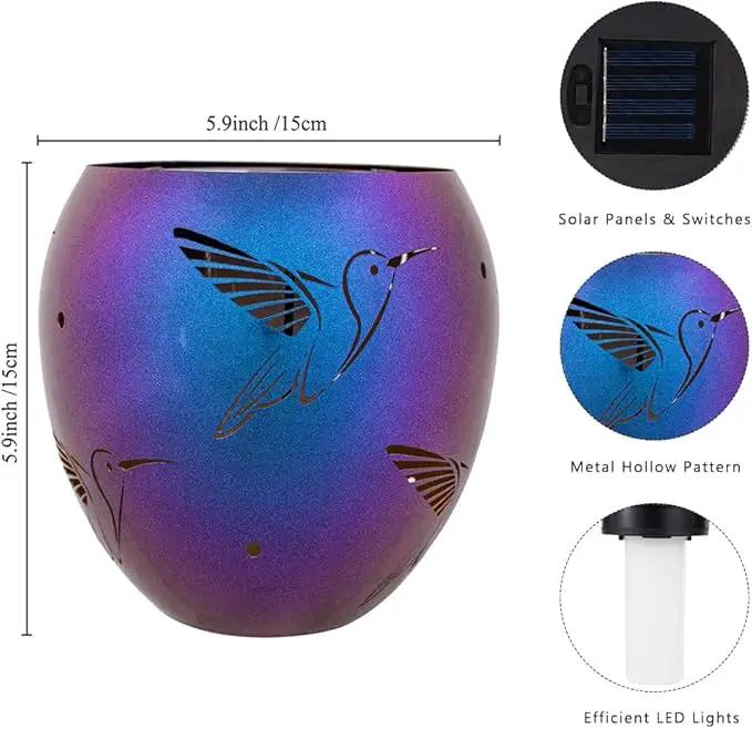 VEWOGARDEN Solar Lanterns Outdoor Waterproof Hummingbird Hollowed-Out Metal Lantern Solar Lights with Flickering Flame for Patio Porch Table, Purple by GreenHaven Gardens