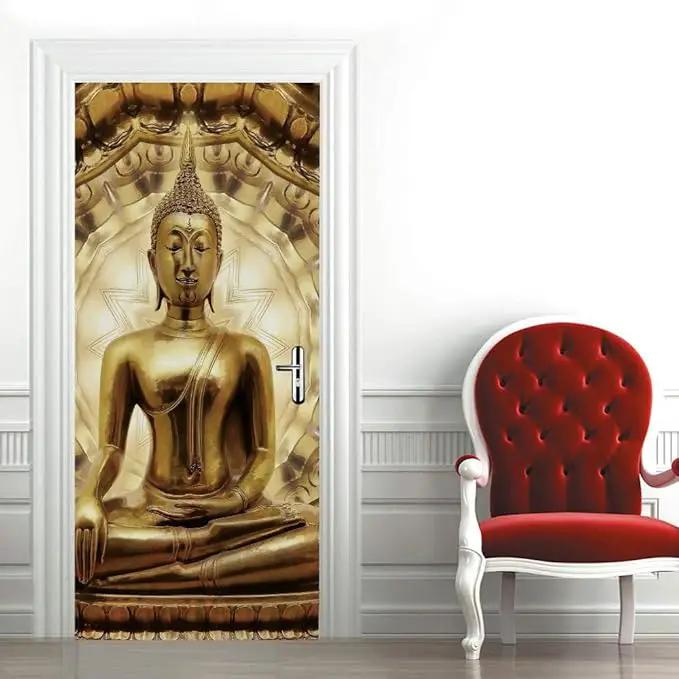 3D Buddha Statue Door Stickers - Peel and Stick Murals, Self-Adhesive Wallpaper Decals, Removable PVC Waterproof Poster for Bedroom Living Room 34.6" x 78.7" by GreenHaven Gardens