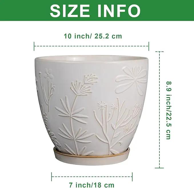 10 Inch Plant Pot Ceramic Planter Pot with Drainage Hole and Saucer Round Planter Large Flower Pot for Indoor Outdoor Plants Home Garden Decor White by GreenHaven Gardens