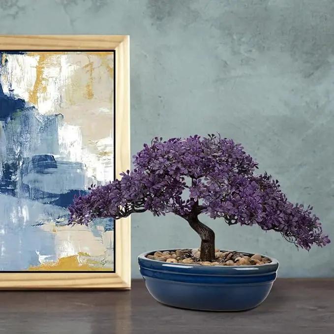 Artificial Bonsai Tree Juniper Faux Plants Indoor Fake Plants Decor with Blue Ceramic Pots for Home Table Office Desk Bathroom Shelf Bedroom Living Room Farmhouse Decorations by GreenHaven Gardens