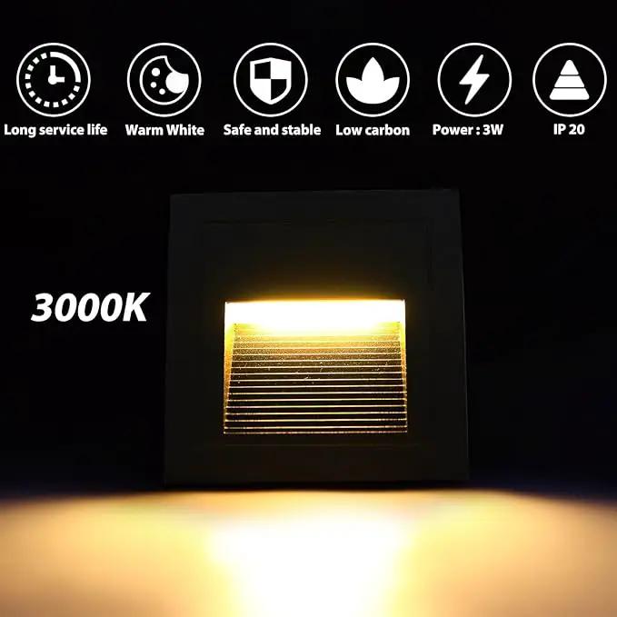 1pcs/3W Wall Recessed Stair Lights LED,Warm White,Indoor Step Light,Square Recessed Wall Light,Black Cover Staircase Light IP20 for Indoor Stairs, Home, Kitchen, Attic, Aisle by GreenHaven Gardens