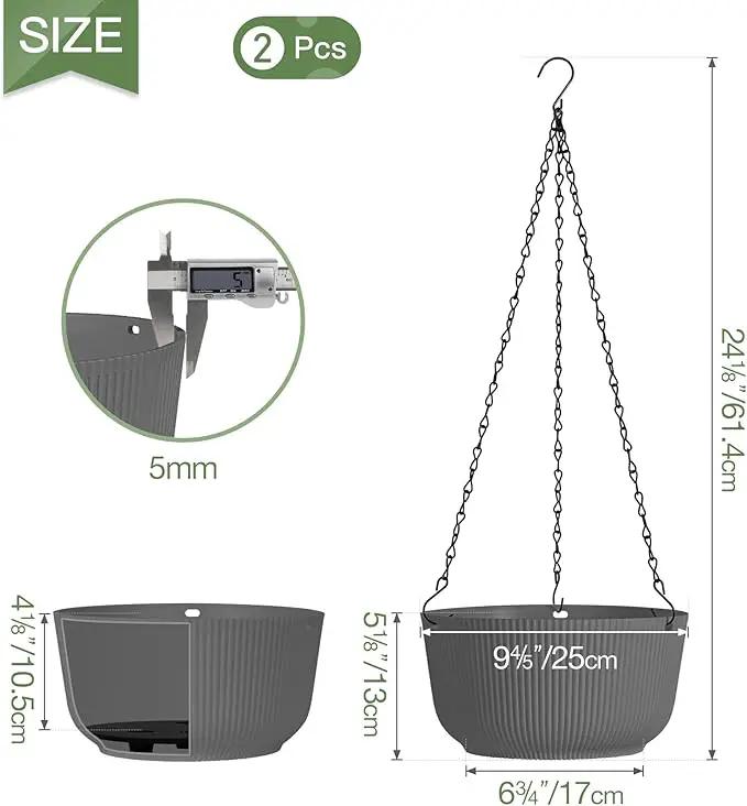 T4U 10 Inch Hanging Planters for Indoor Outdoor Plants, Hanging Plant Pot Pack of 2, Self Watering Hanging Pots with Drainage Hole & Plug & Chain with 3 Hooks for Garden Home Decor, Grey by GreenHaven Gardens