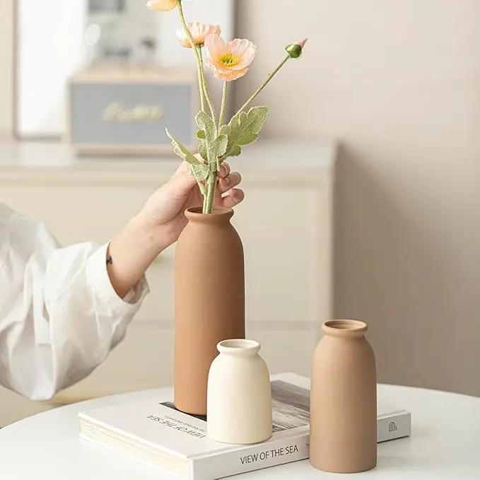 Ceramic Vase Set-3, Small Flower Vases for Decor, Modern Boho Farmhouse Style, Decorative Vases for Pampas Grass & Dried Flowers, Distressed Finish (Earth Tone) by GreenHaven Gardens