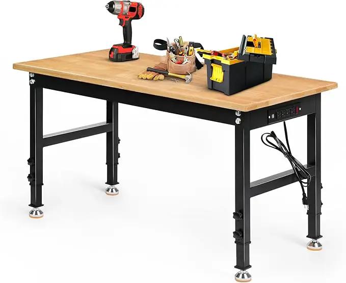 Adjustable Height Workbench, 48" Rubber Wood Top Heavy Duty Workstation with Power Outlets, 2000 LBS Load Capacity Hardwood Worktable for Workshop, Garage, Office, Home, Commercial by GreenHaven Gardens