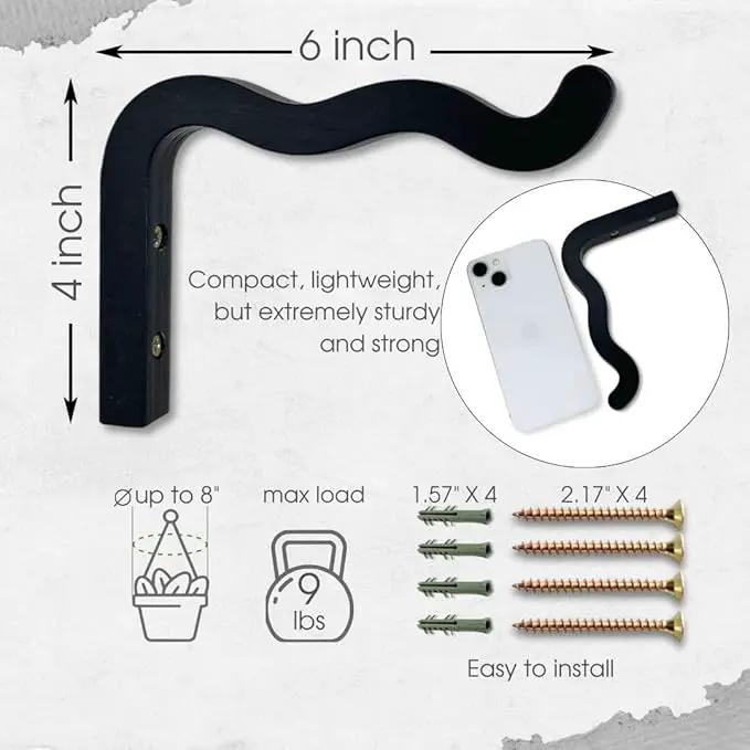 2-Piece Set of Wavy Wooden Wall Planters for Indoor Plants 6 Inch - Natural Plant Hook for Wall Plant, Wind Chimes, Flower Brackets, Patio Garden Decorations - Bracket Plant Hanger (Black) by GreenHaven Gardens
