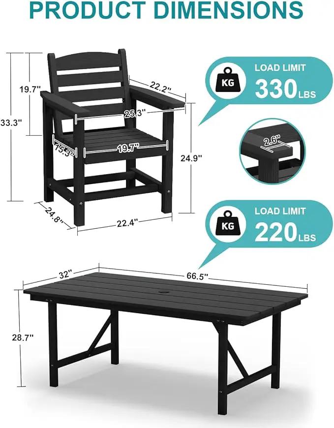 Patio Dining Set for 6 with Umbrella Hole - 66" Outdoor Table & 6 Chairs, All-Weather HDPE Outdoor Furniture for Lawn, Garden, Backyard, Poolside, Black by GreenHaven Gardens