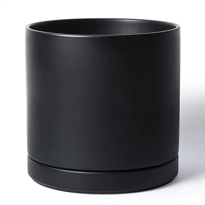 D'vine Dev 12 Inch Ceramic Planter Pot with Drainage Hole and Saucer, Indoor Cylinder Round Planter Pot, Black, 94-O-F-2 by GreenHaven Gardens