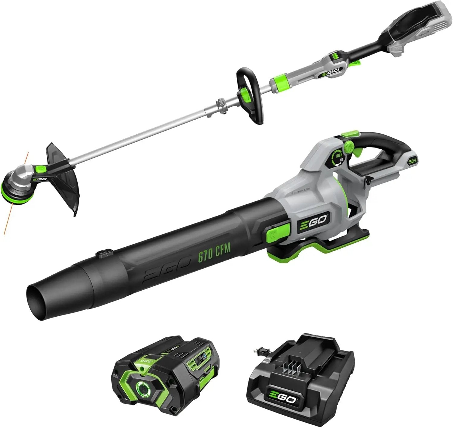 EGO POWER+ Combo, Cordless Trimmer and Blower, 15" Trimmer for Weeds and Grass with POWERLOAD and Cordless Electric 670 CFM Blower, Includes 56V 4.0Ah Battery and Charger - ST6703LB by GreenHaven Gardens
