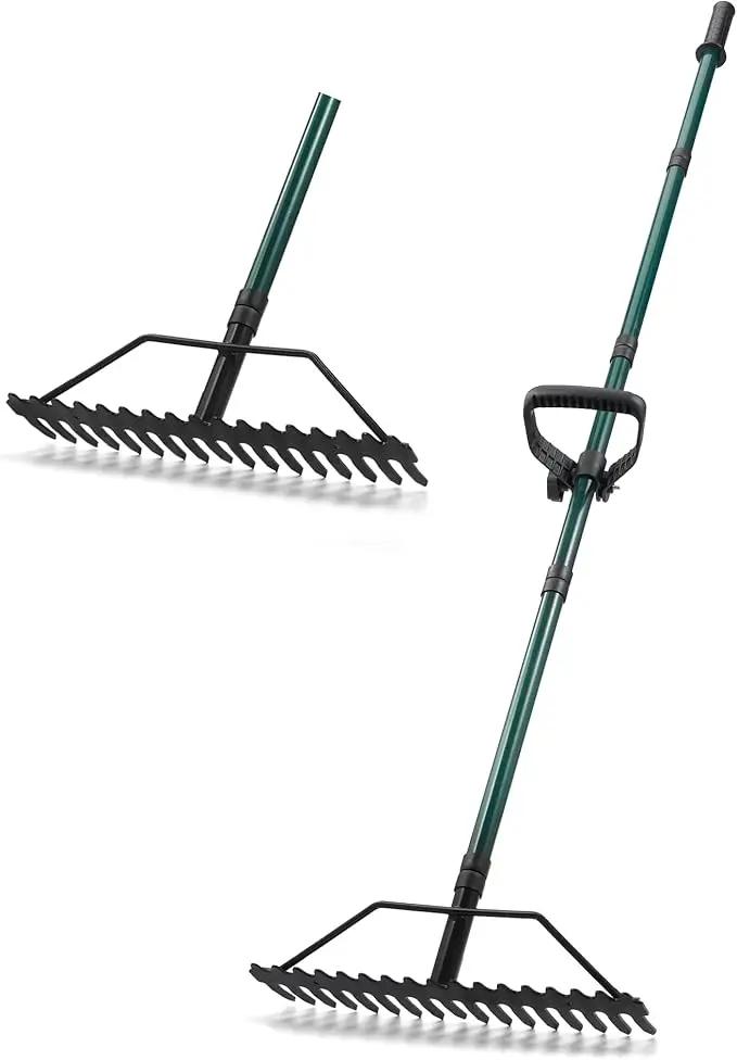 Garden Rake, 17'' Thatch Rake Heavy Duty with 63'' Long Back-Saving Adjustable Handle, Heavy Duty Metal Garden Tool for Loosening Leveling Soil, Gathering Leaves Grass, Weeding by GreenHaven Gardens
