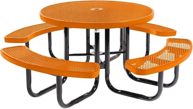 Heavy-Duty Portable Outdoor Picnic Table with Umbrella Hole, Expanded Metal Commercial-Grade Patio Dining Furniture Made in America (46" Round Top, Textured Orange) by GreenHaven Gardens