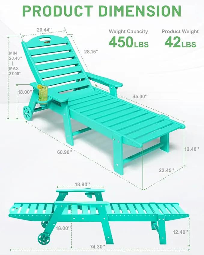 Lounge Chair Outdoor Set of 2, HDPE Chaise Lounge Chair Outdoor with 6-Position & Wheels &Cup Holder, Pool Lounge Chair for Pool Poolside Deck Backyard Patio, Lake Blue by GreenHaven Gardens