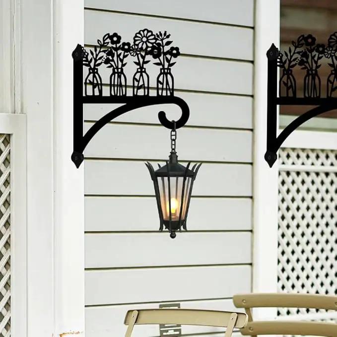 peacoblue Iron Plant Hangers Hooks for Outdoor Indoor Hanging Plants Flower Fern Pots Lantern Bird Feeder,12"x15" Weather Resistant Metal Wall Holder for Porch Garden Farmhouse(Vase and Wildflower)