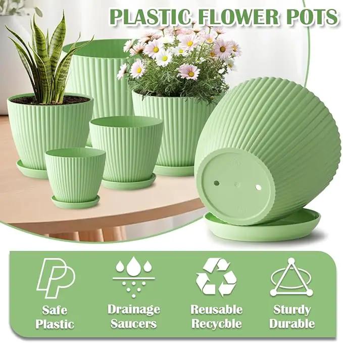 Plant Pots with Drainage Holes and Tray Saucer - 7.5/6.5/5.5/4.9/4.2/3.5 Inches Flower Pots - 6 Pack Thick and Sturdy Planters for Indoor Plants Such As Orchid, Succulent and Herbs, Green by GreenHaven Gardens