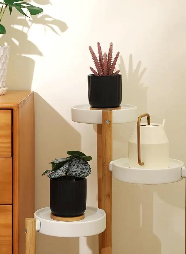 TAMAYKIM 4 Inch Small Cylinder Ceramic Plant Pots with Drainage Holes, Modern Indoor Planters with Tray for Aloe, Succulent, Snake Plants, Cactus & Herbs, Black, Set of 4 by GreenHaven Gardens