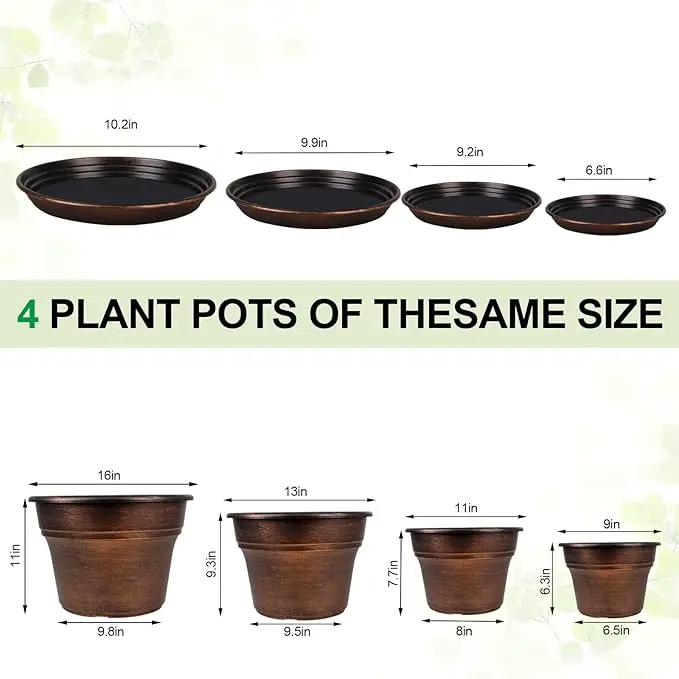 Plant Planters Pots Set of 4 Pack 11 Inch, Plastic Flower Pot for Indoor Plants with Drainage Holes & Trays, Resin Decorative Container Sets with Saucer for House Outdoor Garden Planters Copper by GreenHaven Gardens