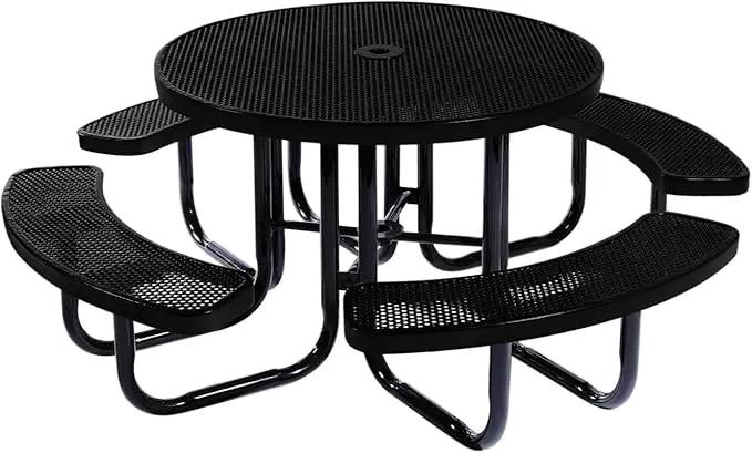 Heavy-Duty Portable Outdoor Picnic Table with Umbrella Hole, Punched Steel Commercial-Grade Patio Dining Furniture Made in America (46" Round Top, Textured Black) by GreenHaven Gardens