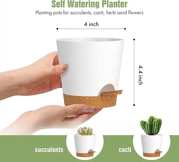 4 inch Self Watering Pots for Indoor Outdoor Plants, 6 Pack Plastic Flower Planters with Drainage Holes and Removable Saucers, Plant Pots with Wicking Rope, Modern Decor, White Brown by GreenHaven Gardens