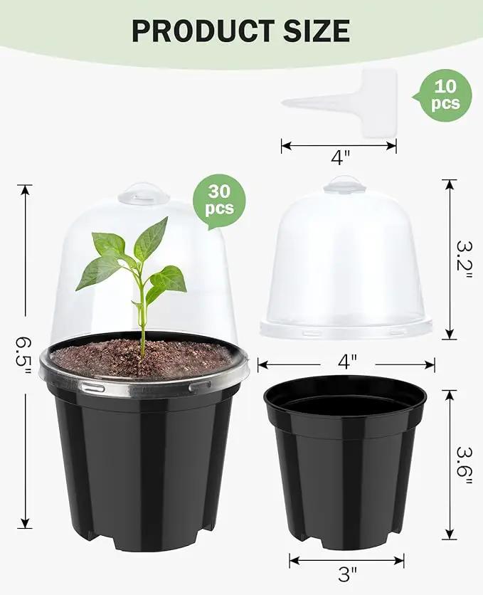 homenote Nursery Pots for Plants,4 Inch Plant Pot for Planting with Humidity Domes Plastic Seedling with Drainage Holes Seed Starter Flower with 10 Labels Black (30 Pack) by GreenHaven Gardens