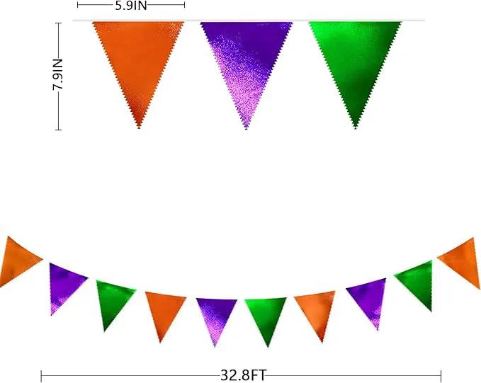 Halloween Party Decorations Metallic Fabric Green Orange Purple Triangle Pennant Banner Flag Bunting for Trick or Treat Spooky Hey Boo Happy Halloween Holiday Birthday Baby Shower Party Supplies by GreenHaven Gardens