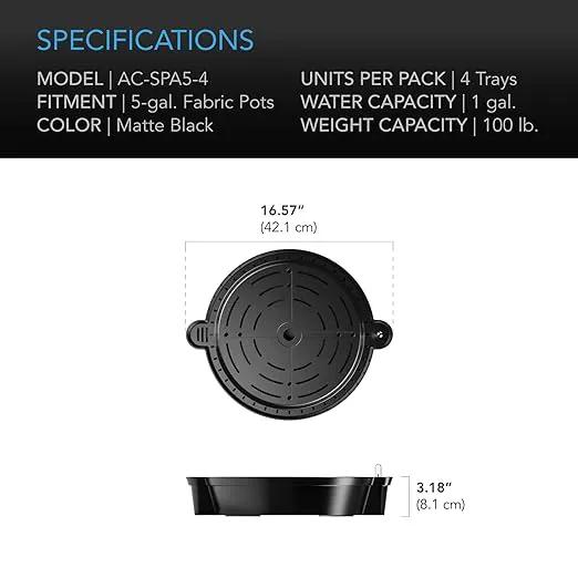 AC Infinity Self-Watering Fabric Pot Base, 4-Pack Auto-Irrigation Water Delivery System with Reservoir Meter, Elevated Plant Saucers for Use in Indoor Grow Tents, Greenhouses, and Outdoor Gardens by GreenHaven Gardens