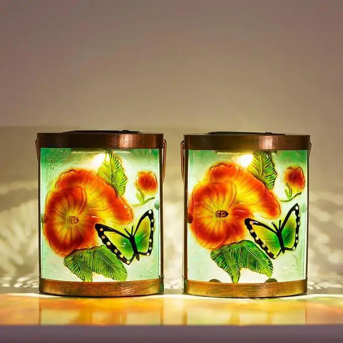 Starsoul 2 Pack Hanging Solar Lantern Outdoor Waterproof Glass Butterfly and Flowers Decorative Solar Lights for Outside Garden Yard Table Patio Decor by GreenHaven Gardens