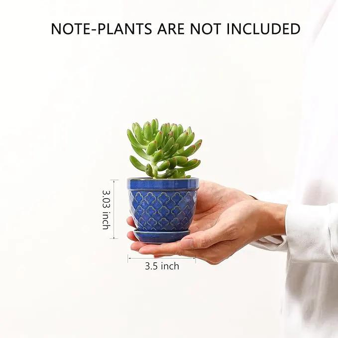 Sureasy Succulent Pots, 3.5 Inch Flower Pots for Indoor Plants, Small Plant Pots with Saucer & Drainage, Decorative Ceramic Planters for Succulent, Cactus, Set of 4, Blue by GreenHaven Gardens