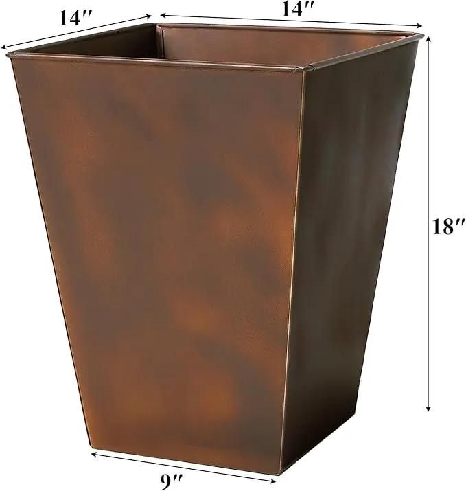Worth Garden 14" Dia x 18" H Large Metal Floor Planter Set of 2, Matte Bronze Retro Finish Tall Square Tapered Steel Plant Pots, Decor Flower Pot Indoor & Outdoor, Drainage Hole by GreenHaven Gardens