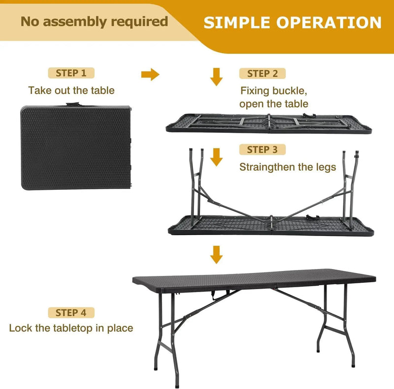 6FT Folding Table, Heavy Duty Plastic Table Portable Fold-in-Half Utility Table Indoor Outdoor Picnic Table w/Handle & Lock for Camping BBQ Party Wedding Market Events, Black Ratten by GreenHaven Gardens