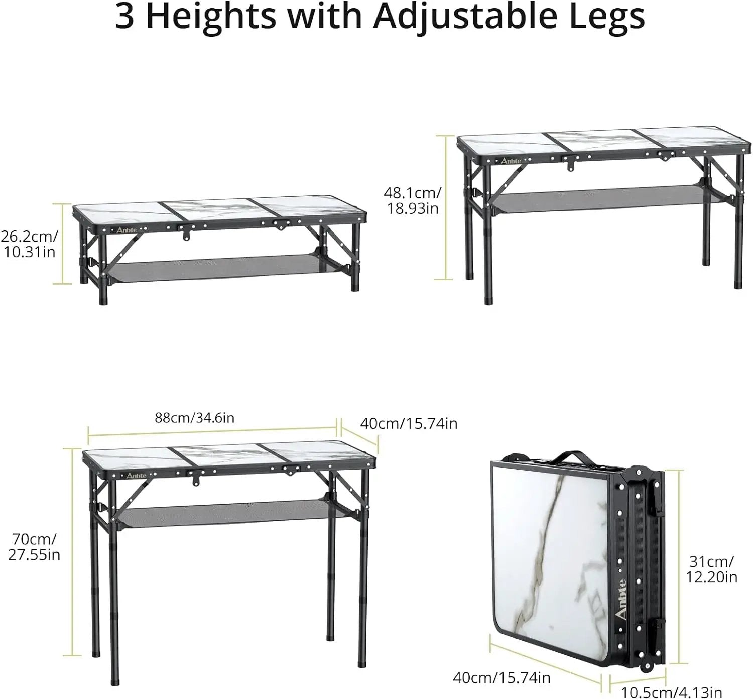 Folding Camping Table, Aluminum Small Folding Table 3 Adjustable Height Max 27.5", Portable Table with Carry Handle, Lightweight, for Outdoor Indoor Travel Camping Picnic BBQ, 34.6" x 15.7" by GreenHaven Gardens