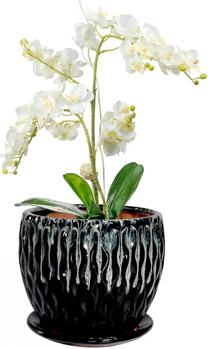vensovo 7.5 Inch Ceramic Plant Pot with Drainage Holes and Saucer - Large Round Orchid Pot for Indoor Repotting, Ceramic Planter Maintain air Circulation, Black by GreenHaven Gardens
