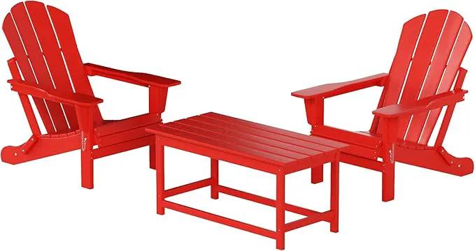 WO Home Furniture Adirondack Chairs Table Set of 3 PCS Outdoor Folding Chairs Coffee Table Weather/UV Resistant for Lawn, Garden, Bon Fire, Balcony (Red) by GreenHaven Gardens