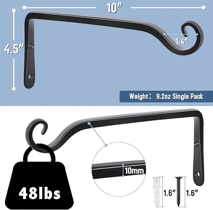 FEED GARDEN Wall Hook Hanging Plant Bracket 10 Inch 2 Pack, Hand-Forged Plant Hanger for Hanging Bird Feeders, Wind Chimes, Flower Baskets, Yoga Mat, Indoor/Outdoor Use, Black by GreenHaven Gardens