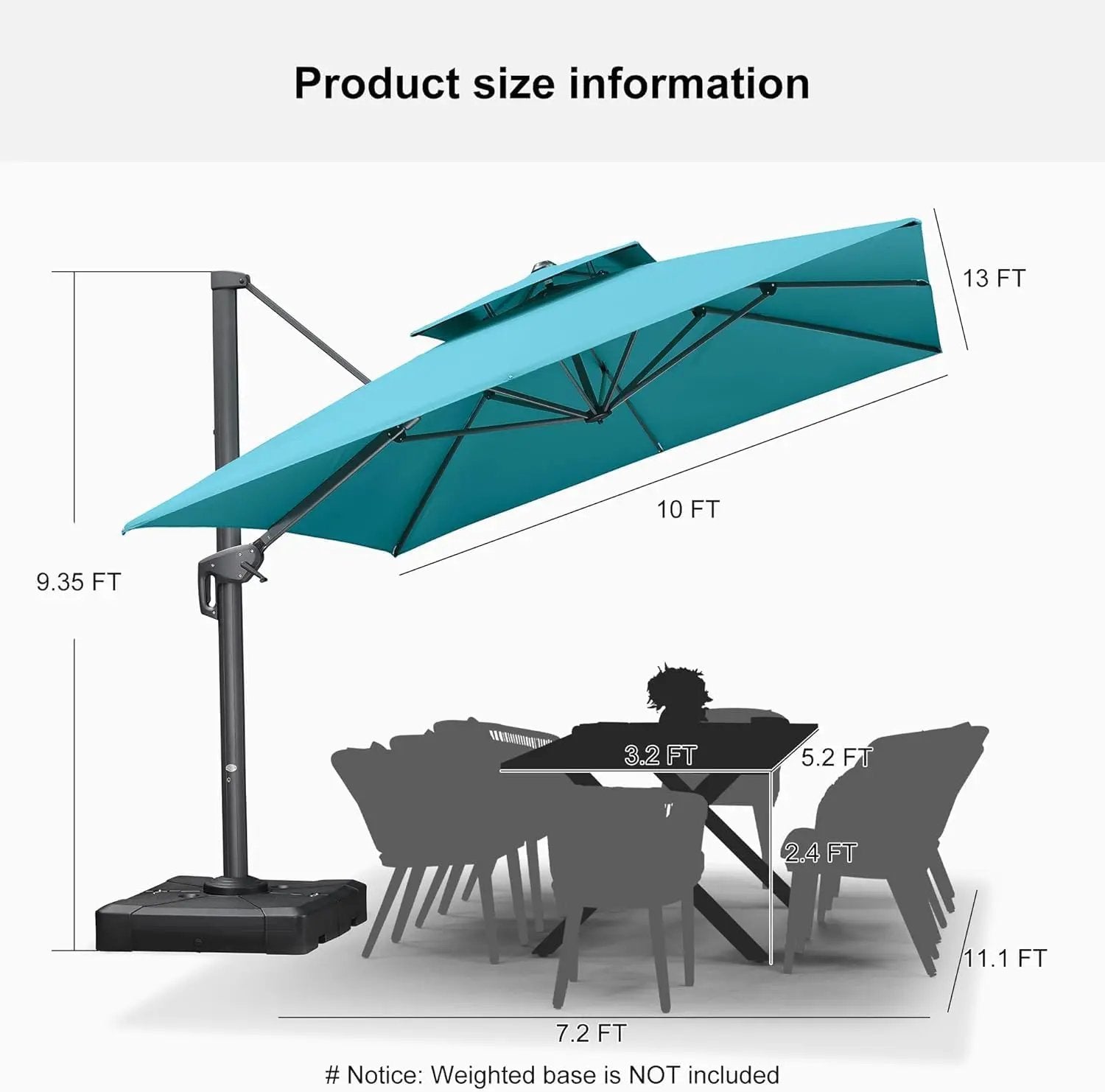 PURPLE LEAF 10' X 13' Outdoor Cantilever Umbrella Large Patio Hanging Double Top Rectangle Tilting Offset Umbrella with 360-degree Rotation for Outdoor Patio Pool Deck Turquoise Blue by GreenHaven Gardens