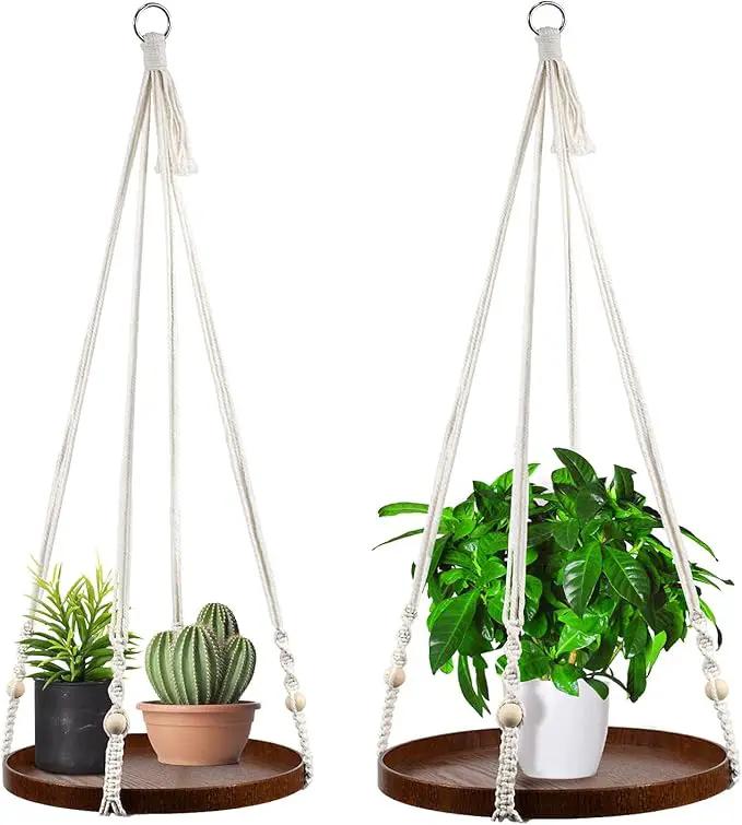 Macrame Plant Hanger - 2 Set Indoor Hanging Planter Shelf - Hanging Planter Rack Decorative Flower Pot Holder - Handmade Cotton Plant Hangers with Wood Tray Boho Home Decor by GreenHaven Gardens