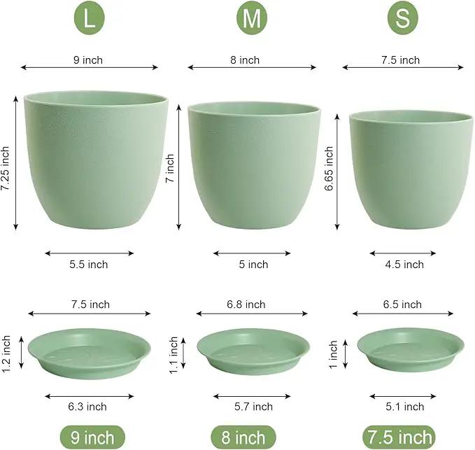 Flower Pots 9/8/7.5 inch, Plant Pots for Indoor Outdoor Plants, Set of 3 Modern Decorative Plastic Planters with Drainage Holes and Saucers for Garden Porch House Plants, Green by GreenHaven Gardens