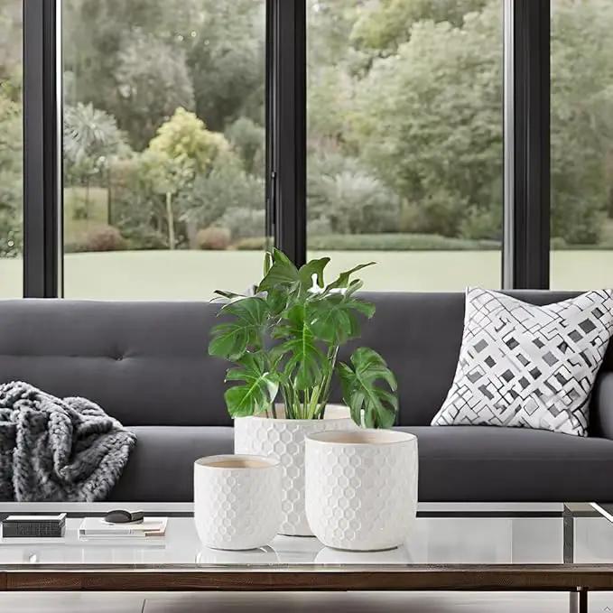 Docrin Ceramic Plant Pots Indoor: 6.5+5.3+4 Inch Planters with Drainage Holes for Home/Office - Set of 3 / White Honeycomb