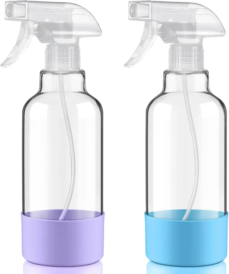 Glass Spray Bottles with Silicone Sleeve 16.9oz 2 Pack Empty Spray Bottle for Hair Mist/Stream Spraying for Cleaning Solutions, Plants, Essential Oils (clear-sblue&purple) by GreenHaven Gardens