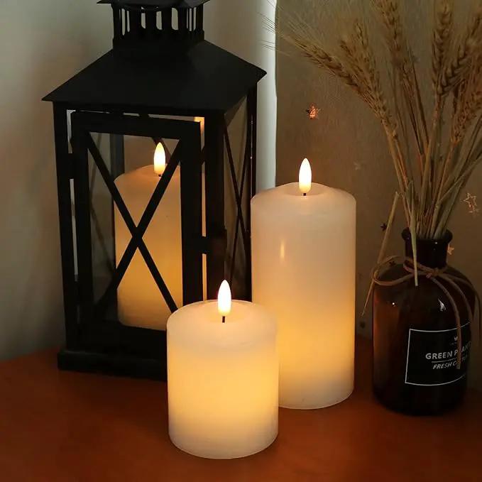 Battery Operated Flameless Candles with 3D Flickering Flame Wick, LED Pillar Candles with Remote Timer, Pack of 3 Real Wax Candles for Wedding Home Decor(White) by GreenHaven Gardens
