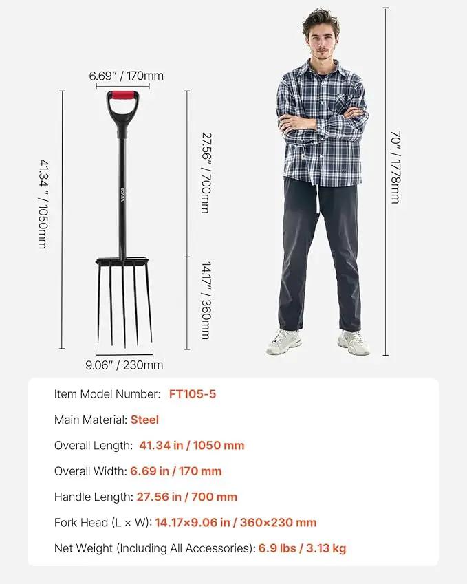 VEVOR Garden Fork, 5-Tine Gardening Pitchfork with Metal Handle, 41 in Heavy Duty Digging Fork with Y Grip, Forged Steel Spading Fork for Hay Potato Composting Transplanting Aeration by GreenHaven Gardens