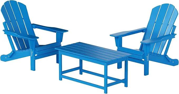 WO Home Furniture Adirondack Chairs Table Set of 3 PCS Outdoor Folding Chairs Coffee Table Weather/UV Resistant for Lawn, Garden, Bon Fire, Balcony (Pacific Blue) by GreenHaven Gardens