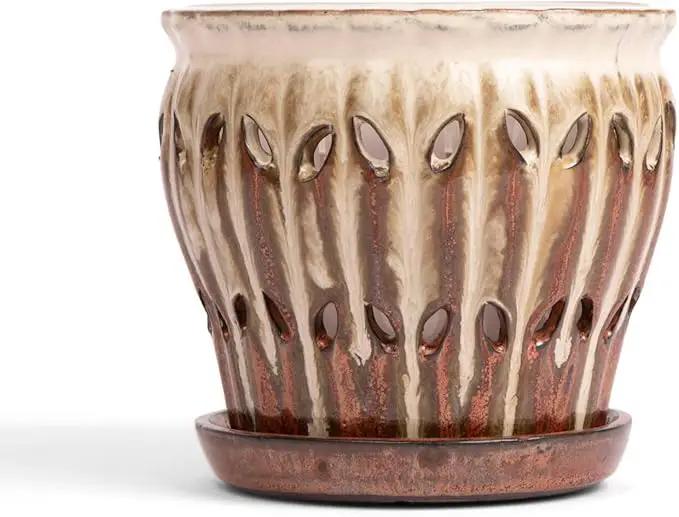 rePotme 6" Pinwheel Fluted Ceramic Plant Pot (Honey Cream Over Copper) - Great for Orchids, Succulents, and All Indoor Plants by GreenHaven Gardens