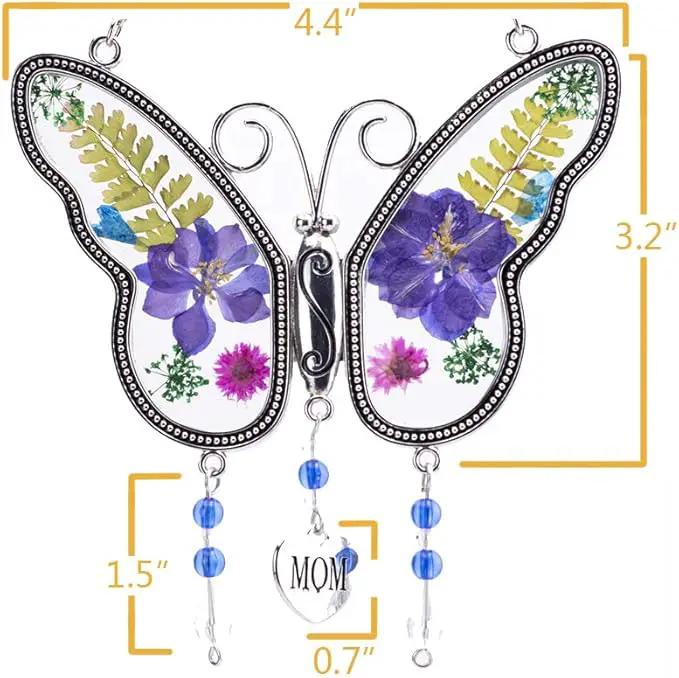 Laraine Butterfly Suncatcher with Pressed Colourful Flower Wings Mom Mother's Day Butterfly Glass Wind Chime Ornament Charm with Metal Heart Gifts for Mom Grandma Birthday (Purple Mom) by GreenHaven Gardens