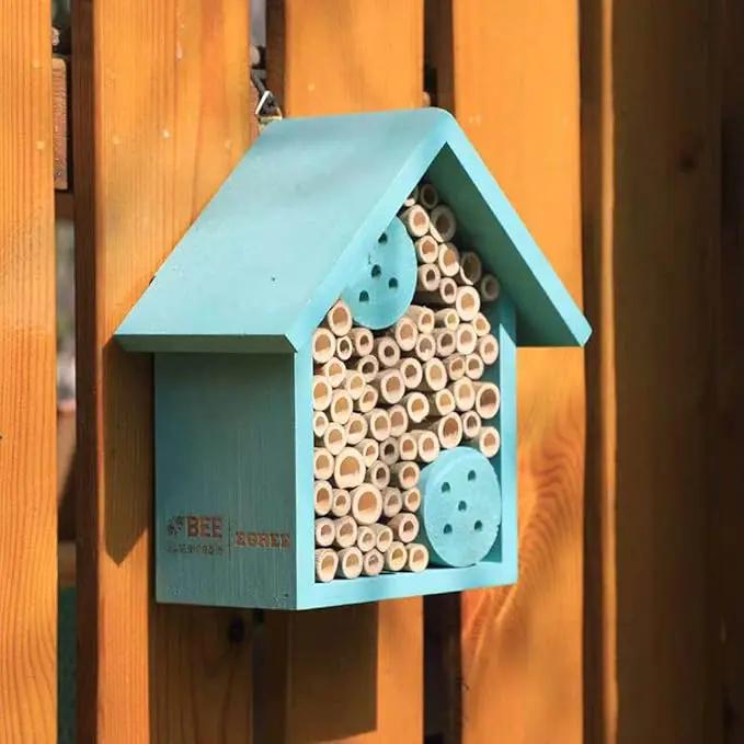 Mason Bee Houses Outdoor Wooden Blue Bee Hotel for Garden and Yard Hand-Made Bamboo Bee Hive for Bees Butterflies and Ladybugs, Medium Size 8"x7.5"x5" by GreenHaven Gardens