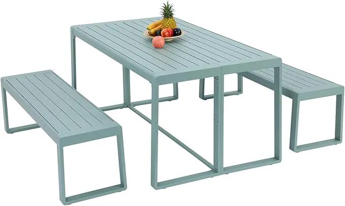 Aoodor 3-Piece Outdoor Patio Dining Set, Aluminum Furniture Set with 1 Rectangular Picnic Table and 2 Benches for Garden, Lawn, Yard by GreenHaven Gardens