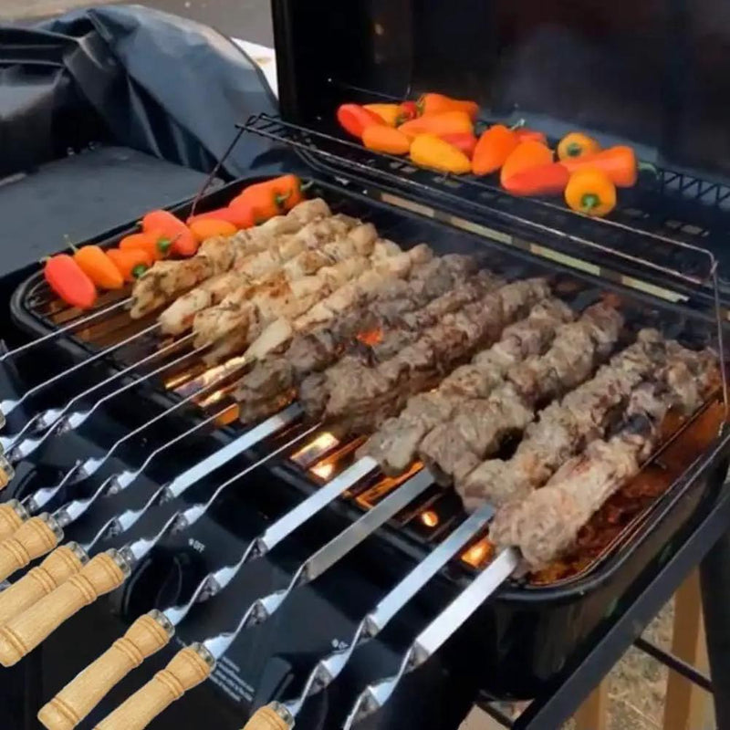 12 Pack Kabob Skewers BBQ Barbecue Skewers Stainless Steel Sticks 23.5 Inch Heavy Duty Large Wide Reusable with Nonslip Wooden Handle Ideal for Shish Kebab Chicken Shrimp and Vegetables by GreenHaven Gardens